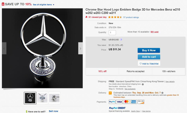 Lô-gô nhái Mercedes-Benz được rao bán trên mạng, nhưng người bán từ Trung Quốc và vận chuyển về Việt Nam.